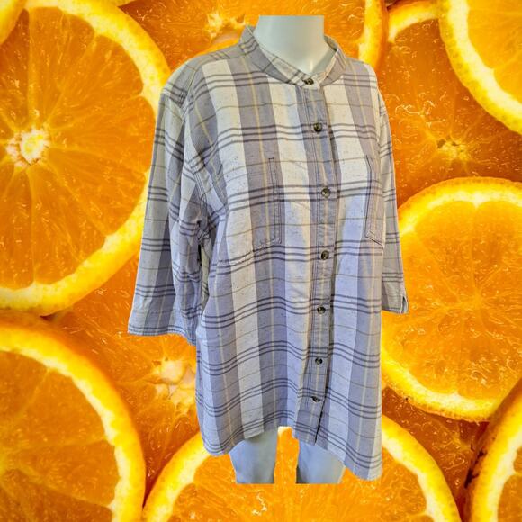 Carhartt Collarless Gray White Flannel 3/4‎ Sleeve Button Up Shirt Size 2XL - Picture 1 of 7
